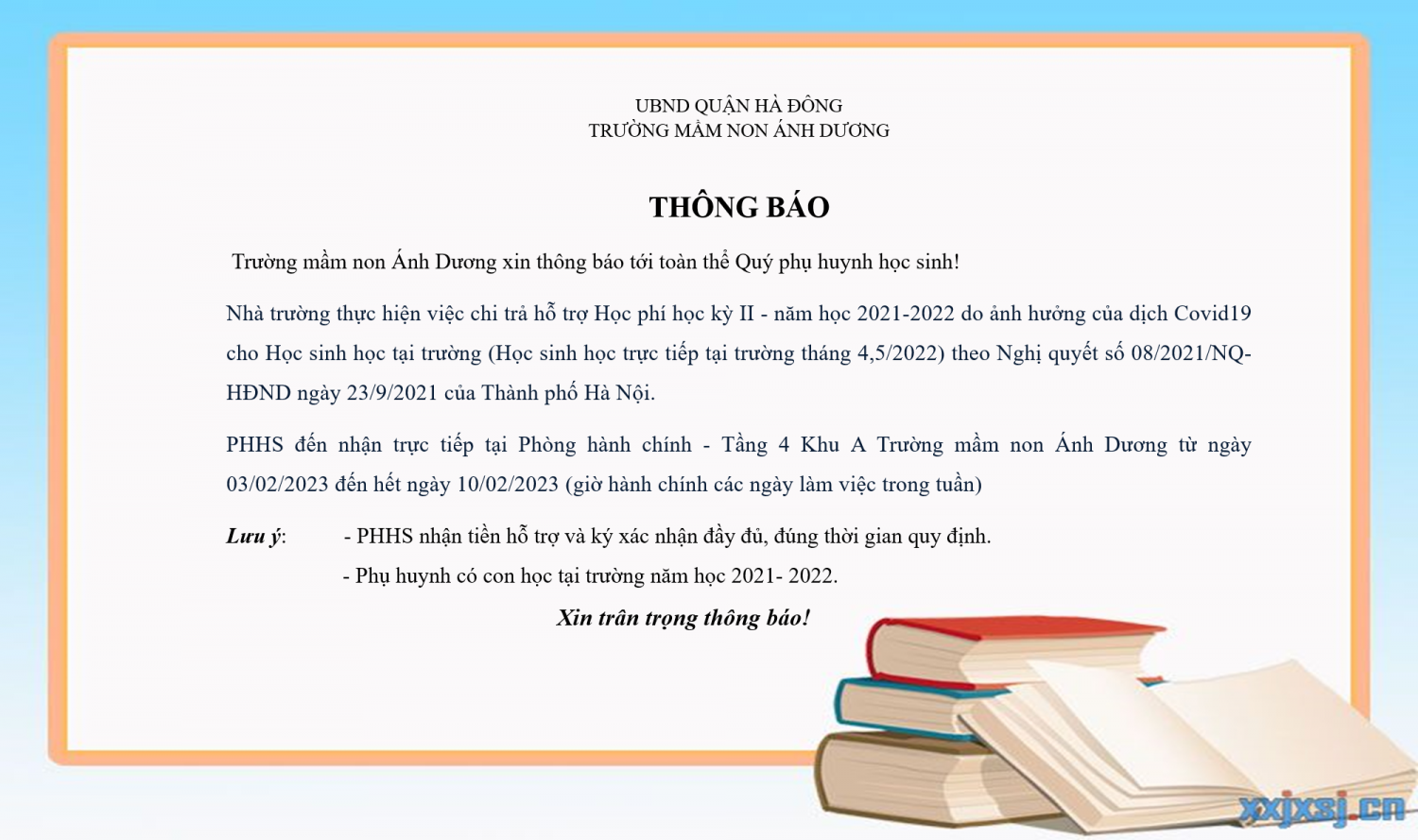 Thông báo chi trả hỗ trợ học phí