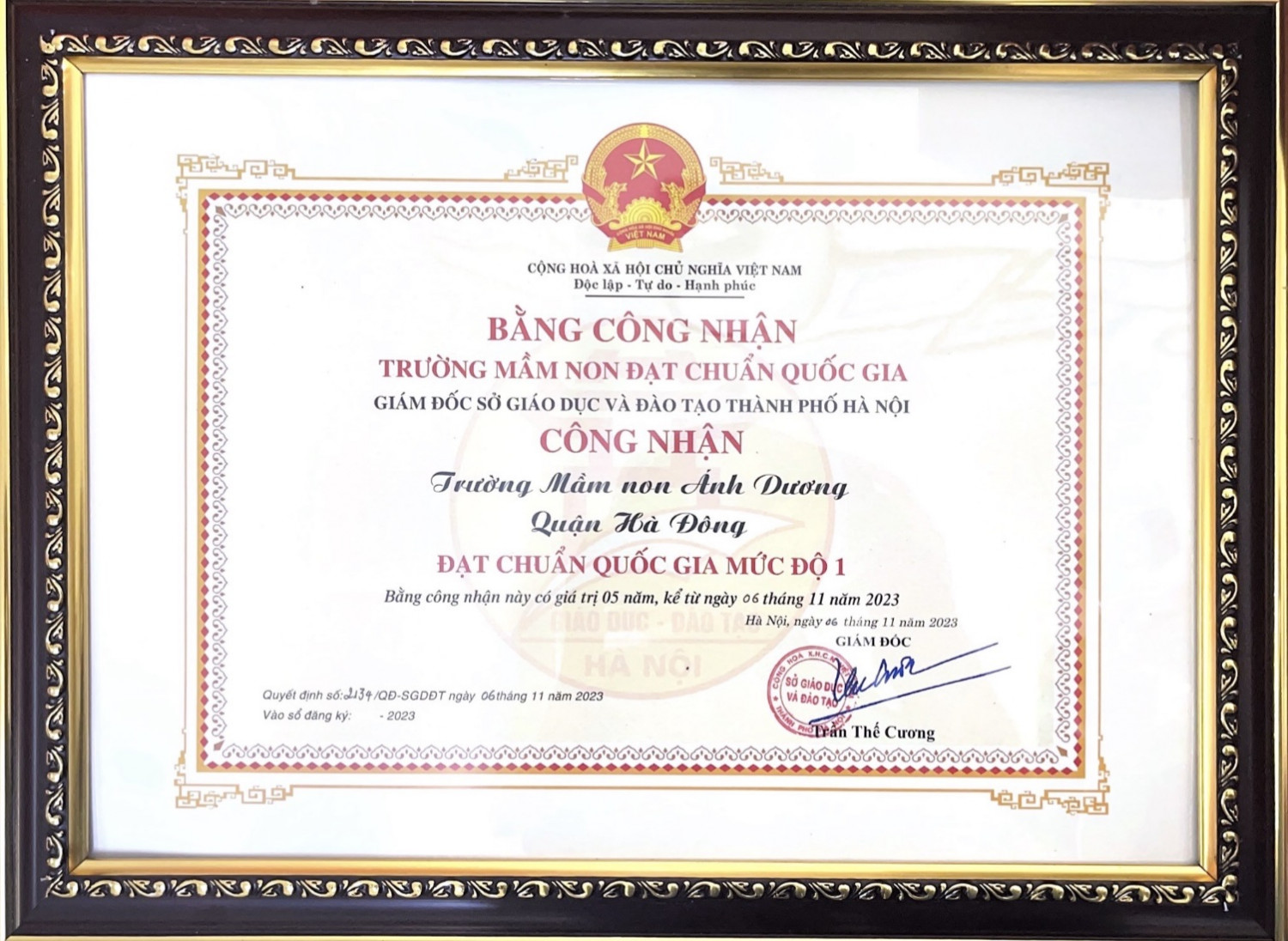 Bằng công nhận trường Mầm non đạt chuẩn Quốc gia