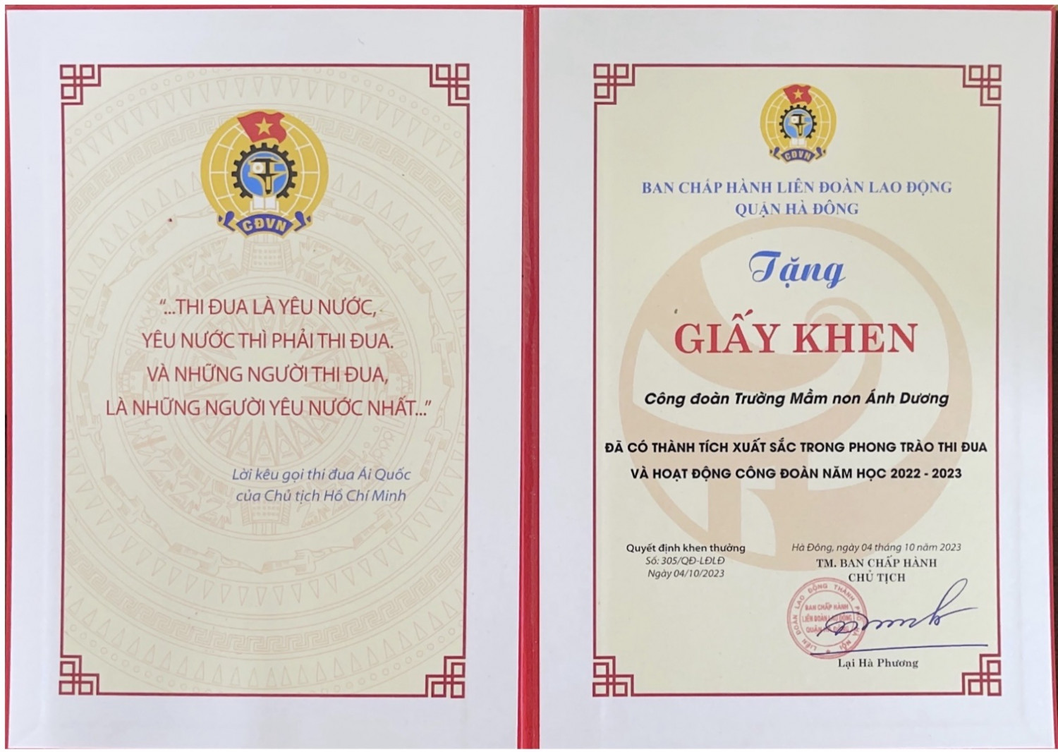 Giấy khen của LĐLĐ quận Hà Đông